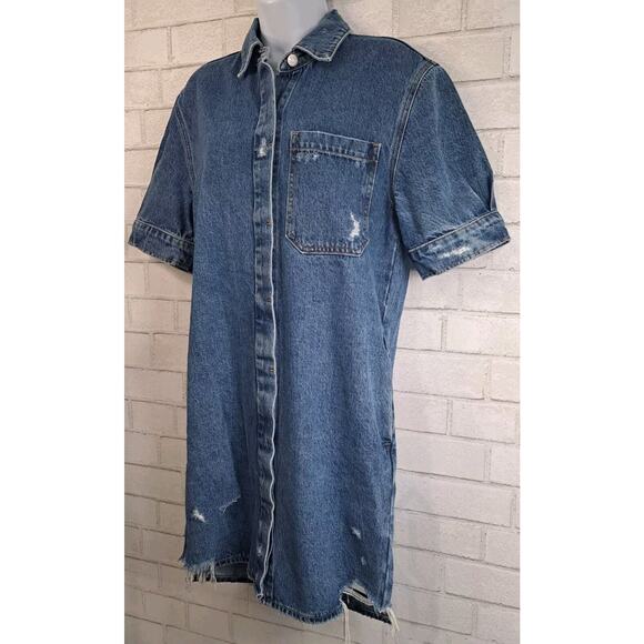 Etica Jean Midi Dress Women's Size XS Blue Denim Button Front Distressed - Picture 3 of 7
